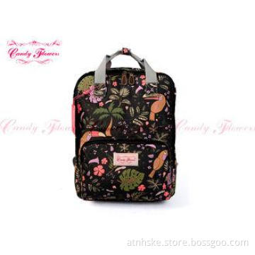 Large Black Birds Flower Print Backpack Vintage floral book